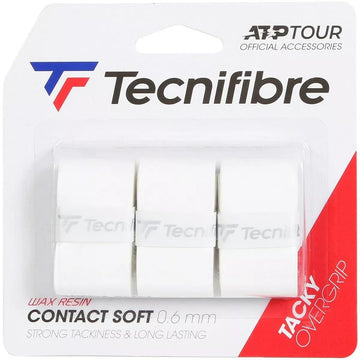 The Tecnifibre Contact Soft Tennis Overgrip package includes three white grips and emphasizes features like "wax resin," "contact soft," and a thickness of "0.6 mm" for a soft feel. As an ATP Tour Official Accessory, it efficiently absorbs sweat to ensure comfort on the court.