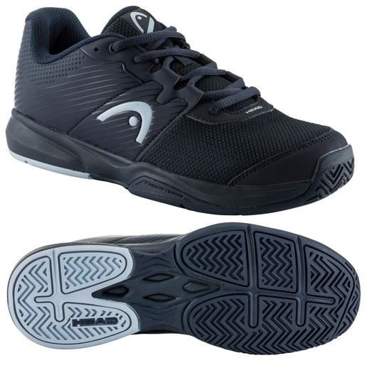 Introducing the HEAD Revolt Court Women's Tennis Shoes in Blueberry and Light Blue. These tennis shoes, ideal for female athletes, showcase a side and sole view. They boast a sleek silhouette with a breathable mesh upper adorned with subtle patterning, while the textured non-slip sole guarantees optimal grip. Enjoy lightweight comfort with each step you take.