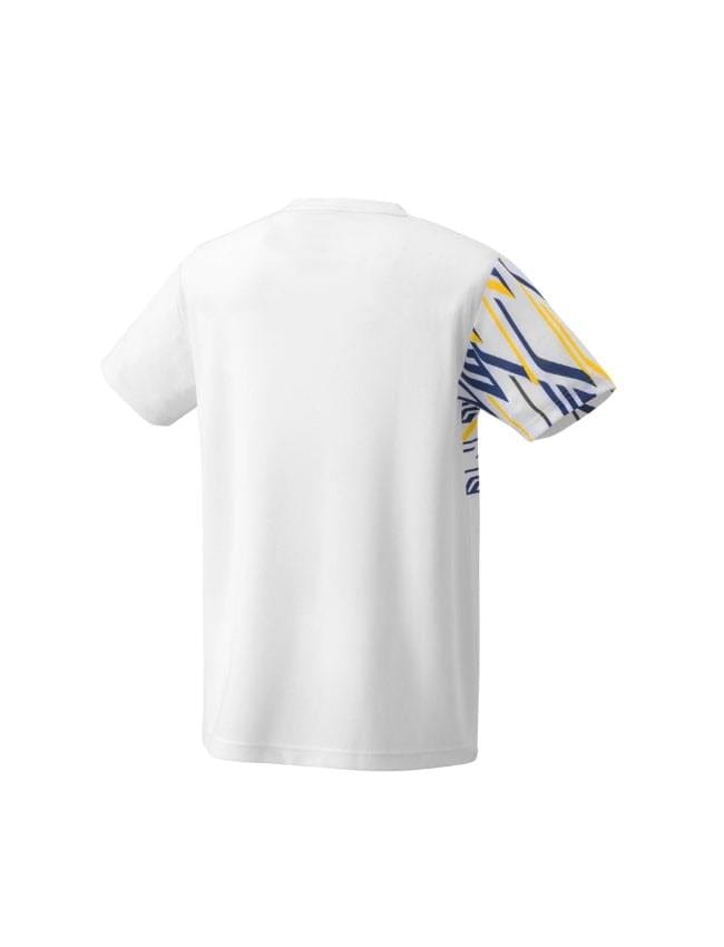 A white Yonex 16737EX Lee Chong Wei LCW T-Shirt features short sleeves, with the right sleeve adorned with a vibrant abstract pattern in blue and yellow, capturing Lee Chong Wei's energetic style. The shirt includes UV reduction technology, while the plain white back contributes to a sleek appearance.