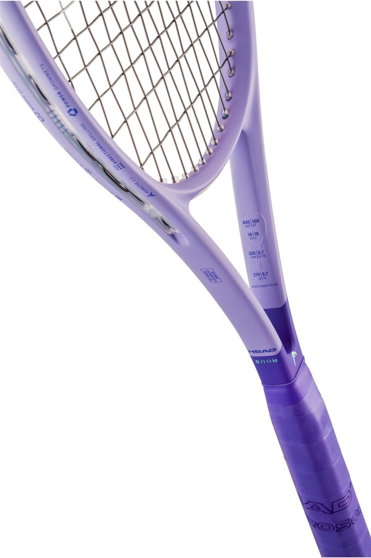 Close-up of the HEAD Boom MP L Alternate 2026 tennis racket, highlighting its purple frame, strings, and handle with visible text and measurements—ideal for players who want both power and touch.