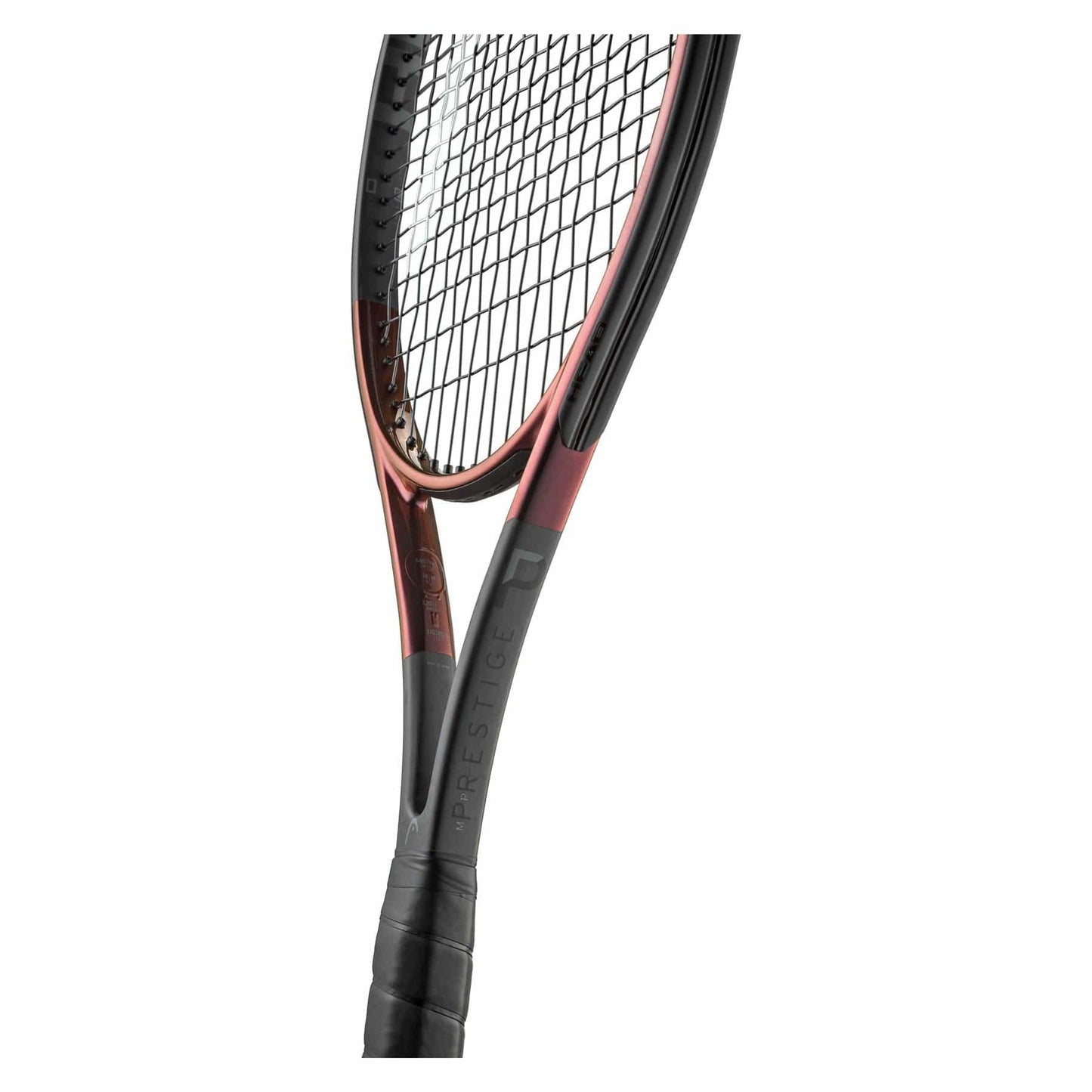 Close-up of the HEAD Prestige Pro 2023 Tennis Racket - Black (Frame Only) by HEAD. The frame exhibits a stylish blend of black and dark red with "PRESTIGE" inscribed on the shaft. It incorporates Auxetic 2.0 technology, with a black grip that beautifully complements the tightly strung strings, all showcased against a clean white background.