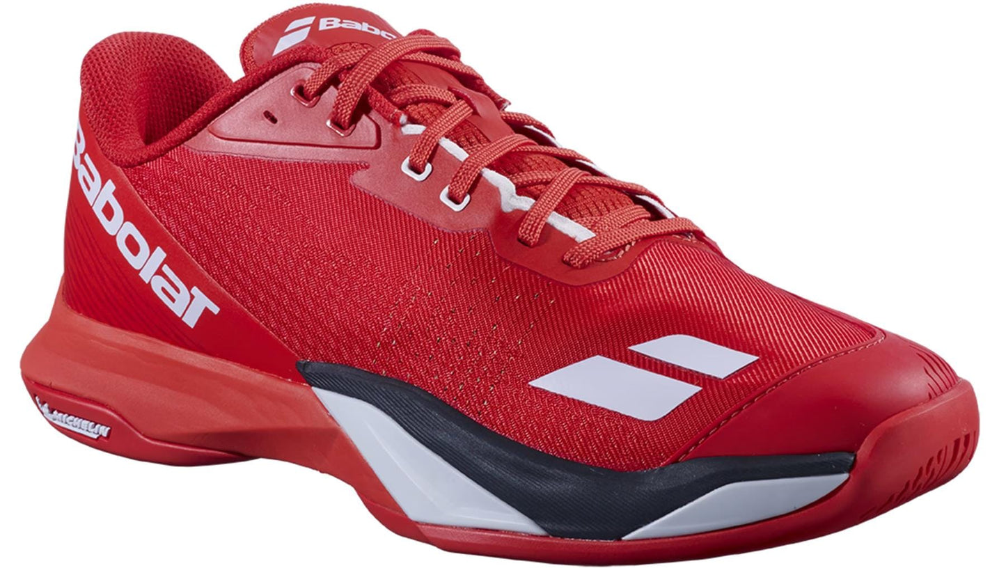 The Babolat Jet Mach 4 All Court Men's Tennis Shoes in Cherry Tomato/White feature mesh and synthetic materials, white brand logos, black and white midsoles, and a rubber outsole for responsive performance on court.