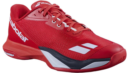 The Babolat Jet Mach 4 All Court Men's Tennis Shoes in Cherry Tomato/White feature mesh and synthetic materials, white brand logos, black and white midsoles, and a rubber outsole for responsive performance on court.