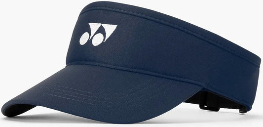 The Yonex 40126EX Tennis Visor in navy blue features a curved brim, breathable polyester material, a white Yonex logo on the front, and an adjustable back for a custom fit.