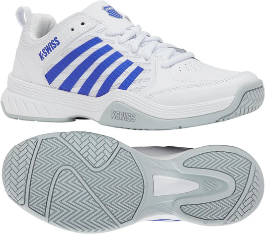 The K-Swiss Court Express 2 Men’s Tennis Shoes in white with dazzling blue stripes feature a side view of the upper and a bottom view showing the textured gray and white sole. The K-Swiss logo appears on both shoes, highlighting their tennis-ready comfort.