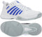 The K-Swiss Court Express 2 Men’s Tennis Shoes in white with dazzling blue stripes feature a side view of the upper and a bottom view showing the textured gray and white sole. The K-Swiss logo appears on both shoes, highlighting their tennis-ready comfort.