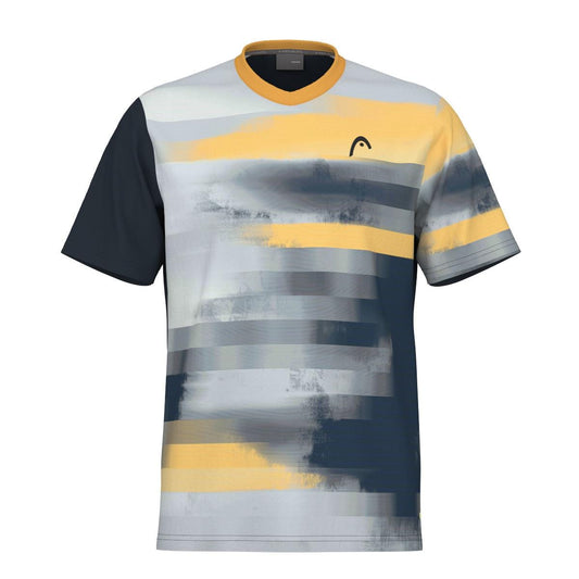 The HEAD Vision Topspin Men's Tennis T-Shirt - NVXV is a must-have short-sleeved sportswear item, showcasing an eye-catching abstract stripe pattern in yellow, gray, and black. It features a small logo on the chest and a unique black sleeve on one side. The shirt incorporates Moisture Transfer Microfiber technology to ensure peak performance.