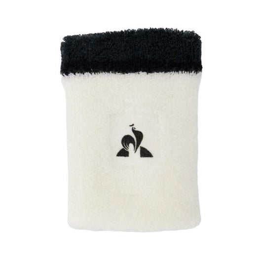 Pair your Le Coq Sportif Tennis Sweatband - Marshmallow with a white towel featuring a black top edge and centered rooster logo—stay stylish and sweat-free on the court.