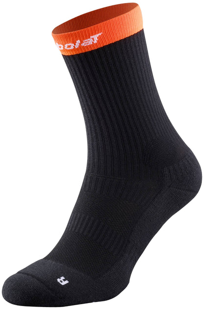 A single black Babolat Feel Tennis Sock for the right foot features an orange cuff, ribbed design, and a white "R" near the toe. This moisture-wicking Babolat sock is shown on a white background.
