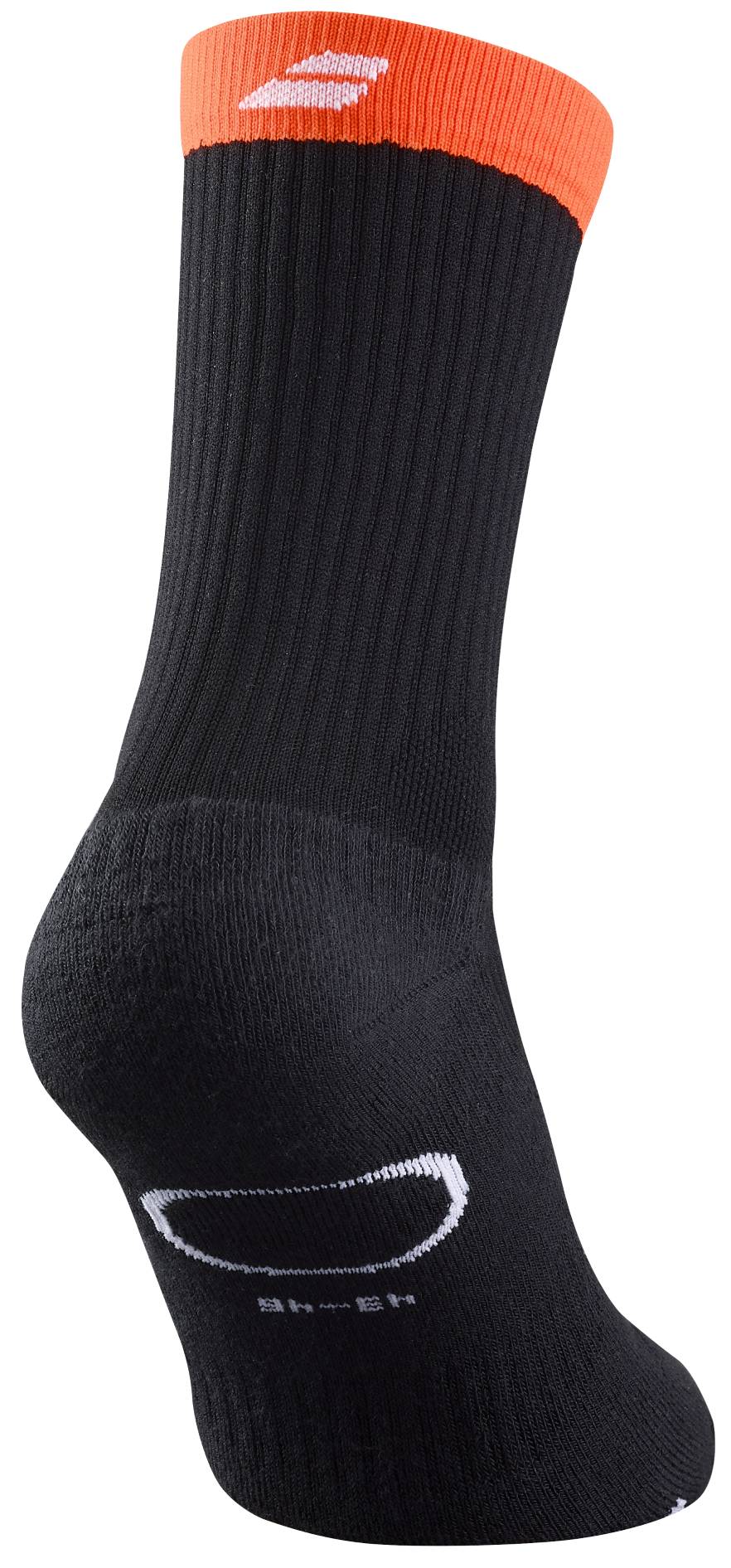 The Babolat Feel Tennis Socks - Black feature a ribbed texture, orange cuff, and white logo near the top and side. Designed by Babolat for superior moisture management and all-day comfort.
