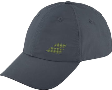 The Babolat Aero Performance Tennis Cap in grey is a lightweight cap with sun protection, visible stitching, ventilation eyelets for comfort, and a small yellow dotted geometric Babolat logo on the front.