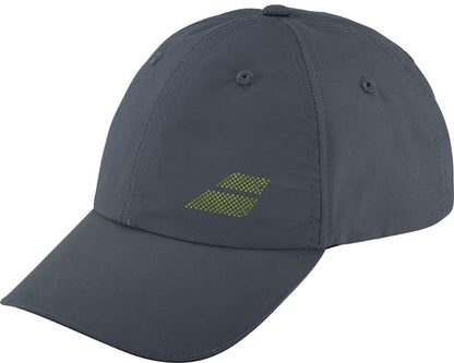 The Babolat Aero Performance Tennis Cap in grey is a lightweight cap with sun protection, visible stitching, ventilation eyelets for comfort, and a small yellow dotted geometric Babolat logo on the front.