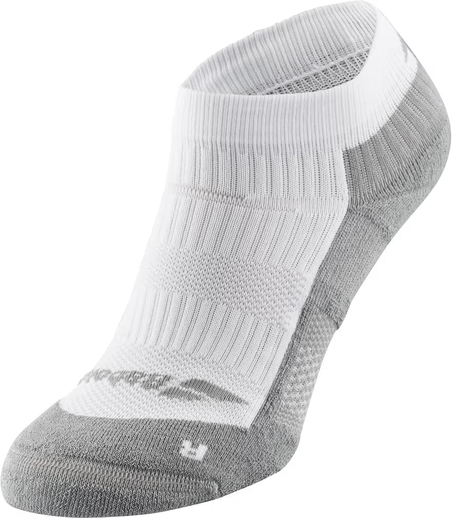 The Babolat Pro 360 Womens Tennis Sock by Babolat features white and lunar grey sections, cushioned for comfort with ribbed and mesh textures for breathability and support—perfect for tennis. Toe, heel, and sole are grey; top and ankle are white.