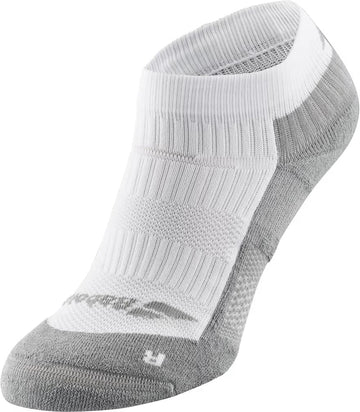 The Babolat Pro 360 Womens Tennis Sock by Babolat features white and lunar grey sections, cushioned for comfort with ribbed and mesh textures for breathability and support—perfect for tennis. Toe, heel, and sole are grey; top and ankle are white.