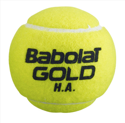 A detailed image features a vibrant yellow, pressurized tennis ball with "Babolat EVO Gold H.A." prominently displayed in black lettering. The Babolat EVO Gold High Altitude Tennis Ball is characterized by its fuzzy texture and noticeable seam line, making it perfect for performance at high altitudes.