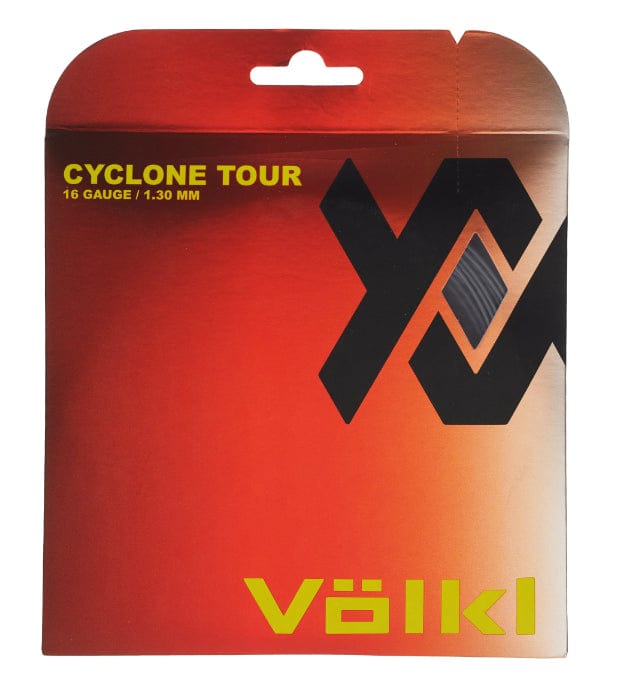 The packaging of the Volkl Cyclone Tour Tennis String Set in Anthracite Black features a sleek design, highlighting "Cyclone Tour 16 Gauge / 1.30 mm." This co-polymer string is crafted to enhance spin and control, making it an ideal choice for dedicated players.