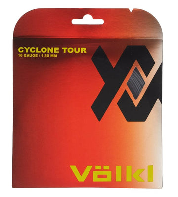 The packaging of the Volkl Cyclone Tour Tennis String Set in Anthracite Black features a sleek design, highlighting "Cyclone Tour 16 Gauge / 1.30 mm." This co-polymer string is crafted to enhance spin and control, making it an ideal choice for dedicated players.