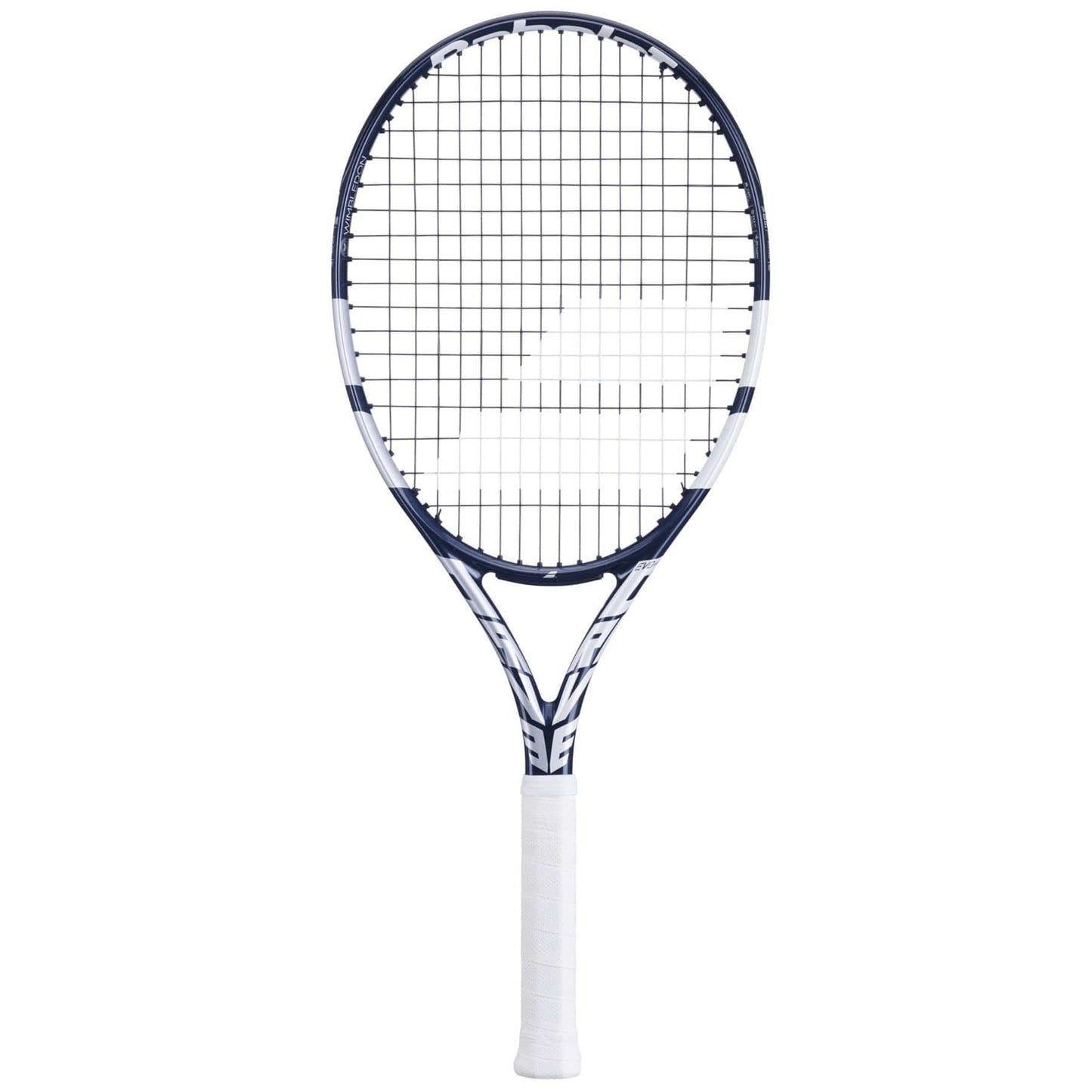 The Babolat Evo Drive 115 Wimbledon Tennis Racket - Blue showcases a navy blue and white design. Its tightly woven strings and white grip-taped handle provide players with a firm grasp, catering to those seeking precision and performance on the court.