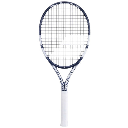 The Babolat Evo Drive 115 Wimbledon Tennis Racket - Blue showcases a navy blue and white design. Its tightly woven strings and white grip-taped handle provide players with a firm grasp, catering to those seeking precision and performance on the court.