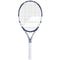 The Babolat Evo Drive 115 Wimbledon Tennis Racket - Blue showcases a navy blue and white design. Its tightly woven strings and white grip-taped handle provide players with a firm grasp, catering to those seeking precision and performance on the court.