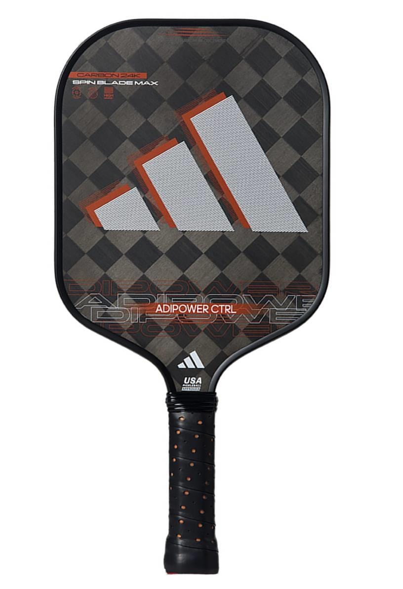 The adidas ADIDAS Adipower CTRL 3.3 Pickleball Paddle in black/orange features a checkered design, large gray and orange logo, "ADIPOWER CTRL" text above the handle, and a grip with black and orange accents—ideal for advanced players.