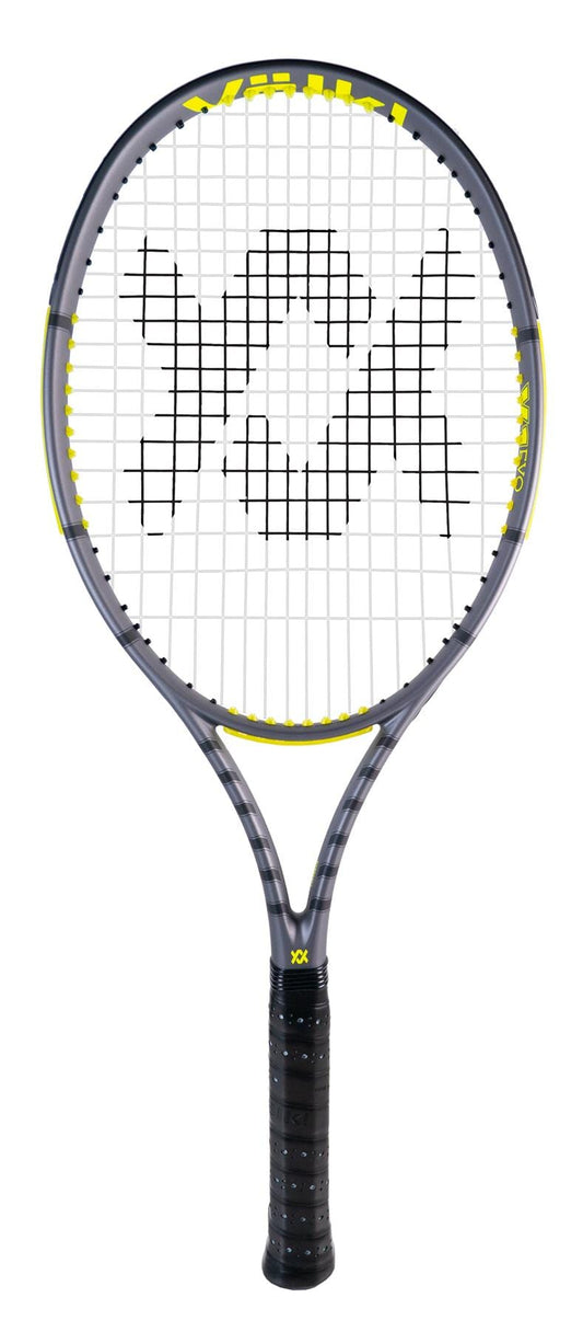 The Volkl V1 Evo tennis racket boasts a patterned string design enhanced with Vario Beam Technology. Its grey and yellow frame pairs well with a comfortable black handle grip, and the Volkl logo is prominently displayed at the center of the string bed.