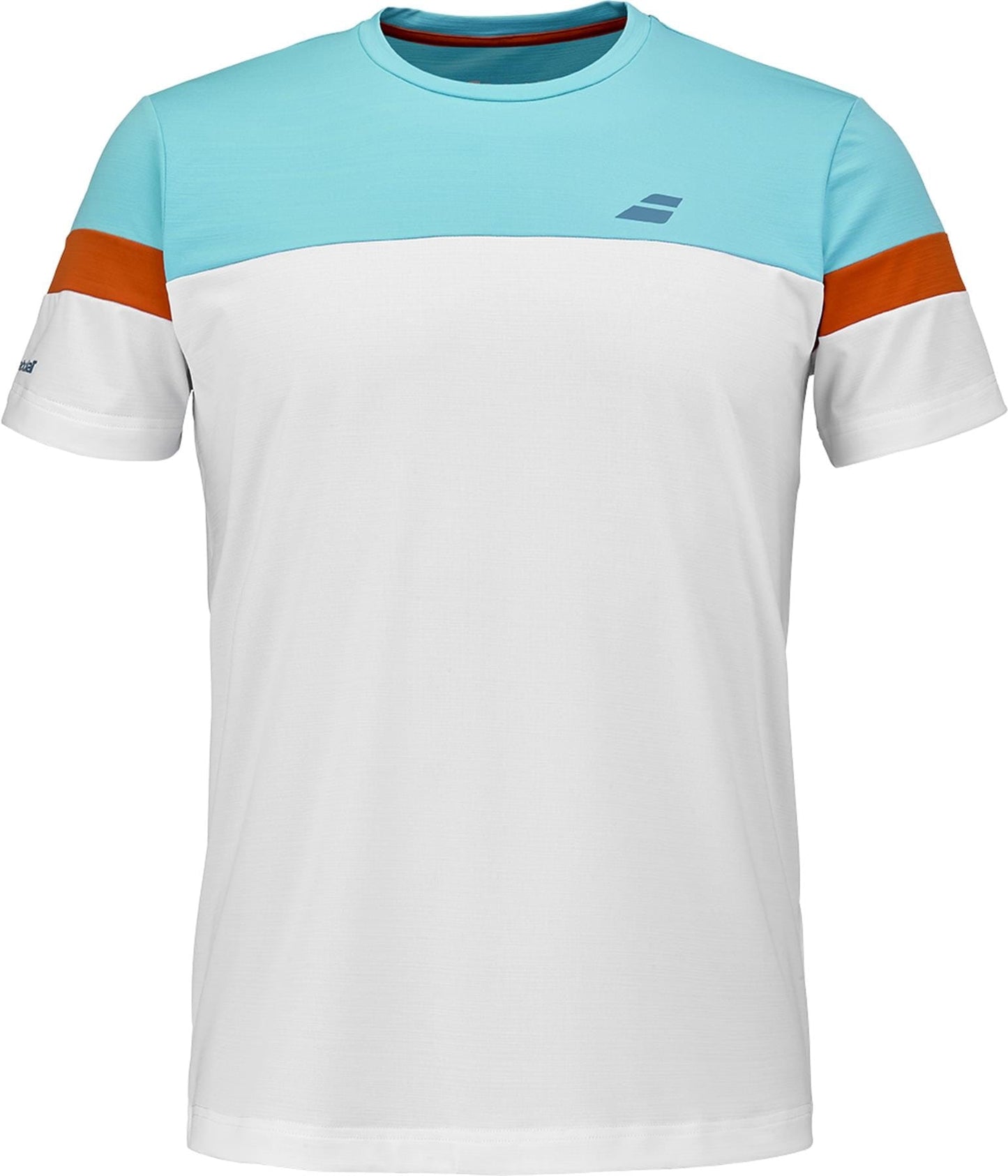 The Babolat Crew Neck Men's Tennis T-Shirt in white features a crew neck, light blue upper chest and shoulders, white lower half, orange sleeve bands, and a small Babolat logo on the left chest.