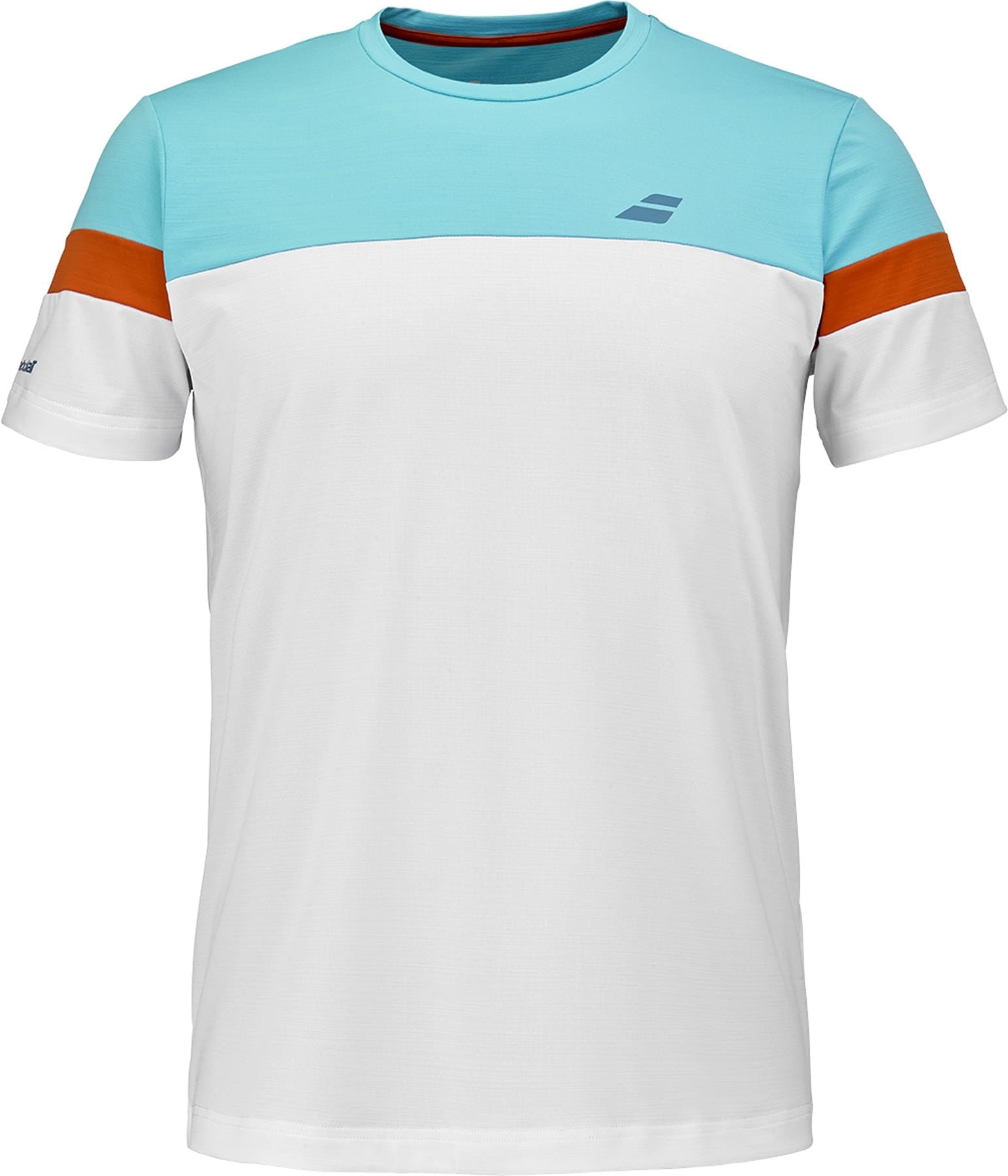 The Babolat Crew Neck Men's Tennis T-Shirt in white features a crew neck, light blue upper chest and shoulders, white lower half, orange sleeve bands, and a small Babolat logo on the left chest.