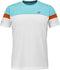The Babolat Crew Neck Men's Tennis T-Shirt in white features a crew neck, light blue upper chest and shoulders, white lower half, orange sleeve bands, and a small Babolat logo on the left chest.