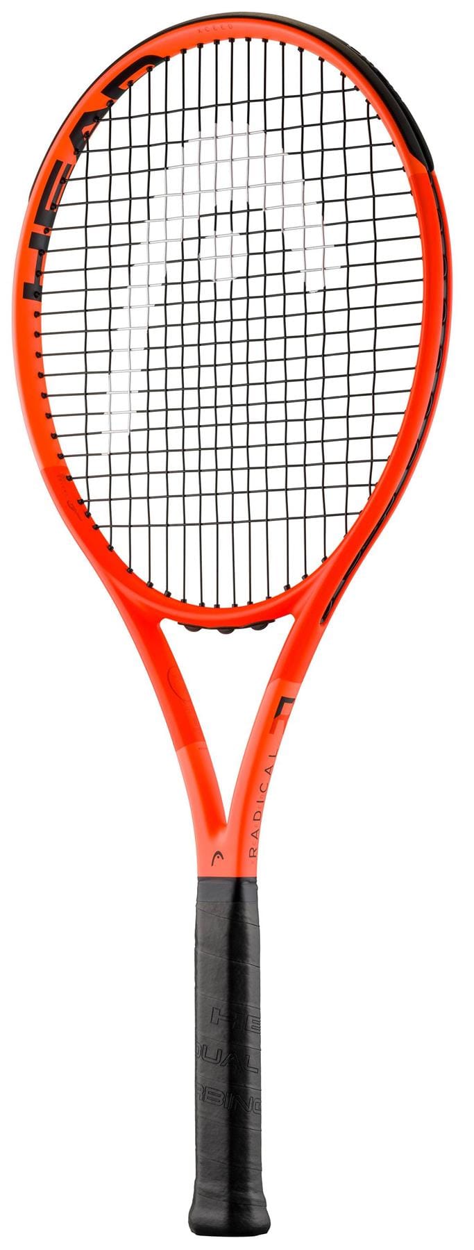 The HEAD IG Radical XCEED Tennis Racket by HEAD features a bright orange frame, black strings, and a black grip, displayed vertically on a white background—perfect for beginner tennis players.