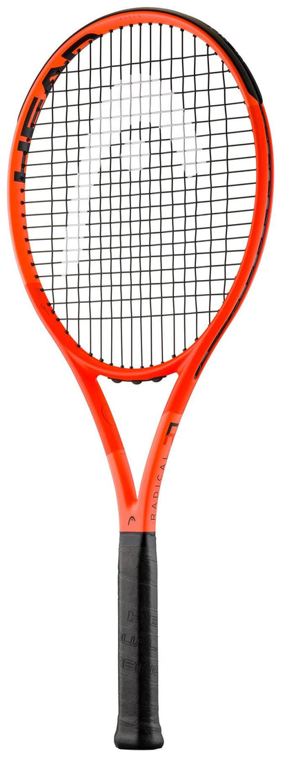 The HEAD IG Radical XCEED Tennis Racket by HEAD features a bright orange frame, black strings, and a black grip, displayed vertically on a white background—perfect for beginner tennis players.