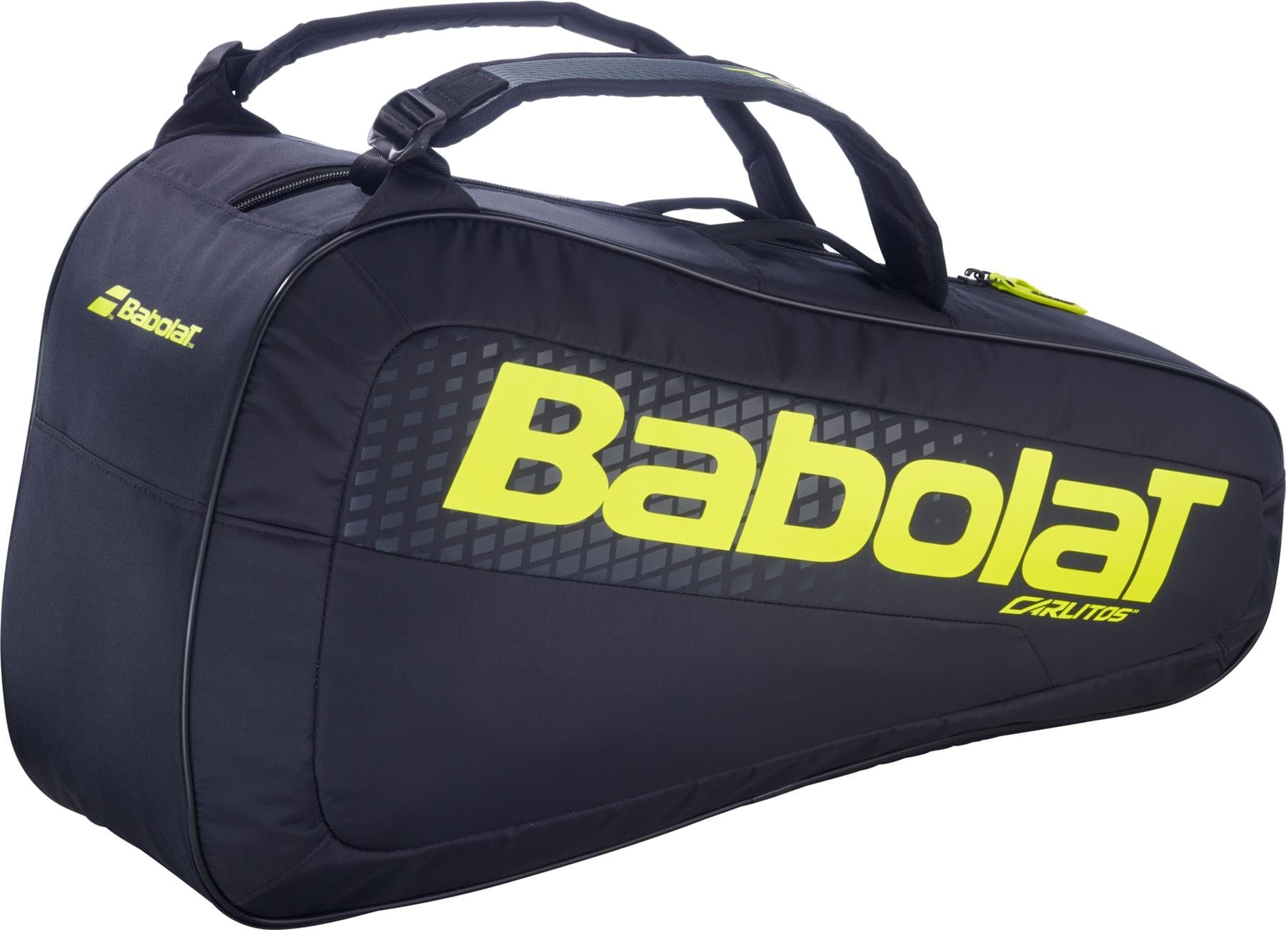 The Babolat RH Carlitos Junior 3 Racket Tennis Bag in black and yellow features bold Babolat branding and handles, ideal for young players to carry rackets and gear. The prominent logo on the side makes it perfect for juniors’ tennis essentials.