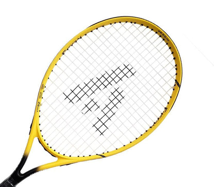 The Ashaway Fusion Power 2600 Tennis Racket - Yellow features a vibrant yellow and black frame with a unique white string pattern highlighted by a central design. Its elegant look is showcased against a crisp white background, making it perfect for beginner players.