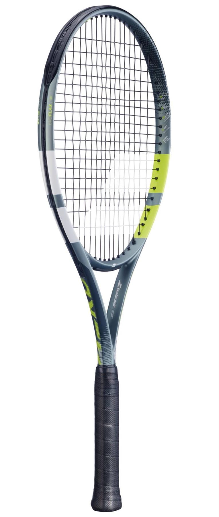 The Babolat Evo Aero 2026 Tennis Racket features a black grip, grey frame, neon yellow accents, and an aerodynamic design with a tightly strung net—ideal for intermediate to advanced players.