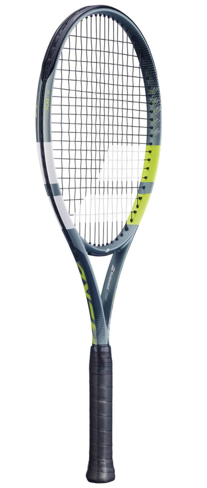 The Babolat Evo Aero 2026 Tennis Racket features a black grip, grey frame, neon yellow accents, and an aerodynamic design with a tightly strung net—ideal for intermediate to advanced players.