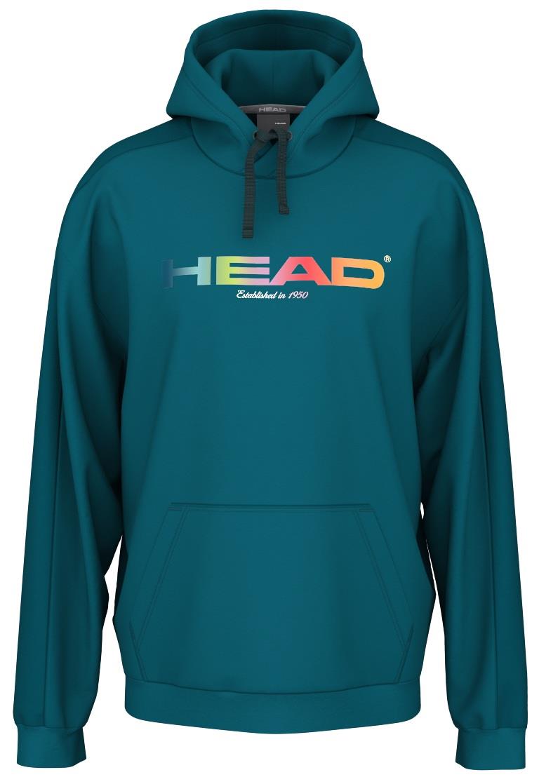 The HEAD Rally Men's Tennis Hoodie - TE is a stylish teal hoodie featuring "HEAD" in large, rainbow-colored letters across the chest. Made from cozy French terry, it includes a kangaroo pocket and drawstrings. Below the logo, it says "Established in 1950.