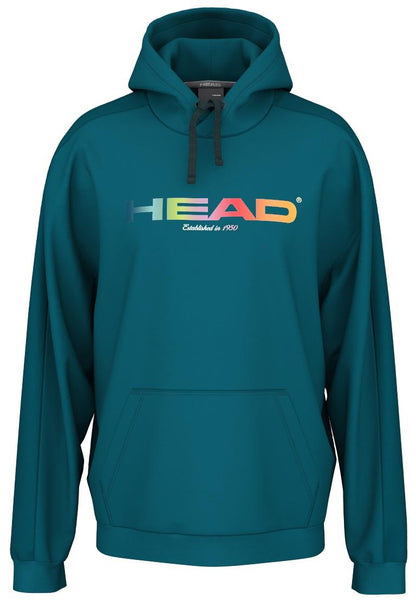 The HEAD Rally Men's Tennis Hoodie - TE is a stylish teal hoodie featuring "HEAD" in large, rainbow-colored letters across the chest. Made from cozy French terry, it includes a kangaroo pocket and drawstrings. Below the logo, it says "Established in 1950.