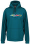 The HEAD Rally Men's Tennis Hoodie - TE is a stylish teal hoodie featuring "HEAD" in large, rainbow-colored letters across the chest. Made from cozy French terry, it includes a kangaroo pocket and drawstrings. Below the logo, it says "Established in 1950.