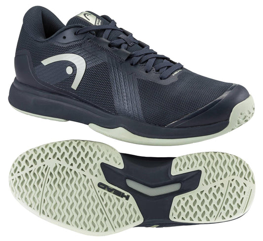 The HEAD Sprint Team 4.0 Men's Tennis Shoes in navy and cantaloupe green feature a white side logo, black laces, and a light grey textured sole—shown from the side with sole detail—ideal breathable court shoes for comfort.