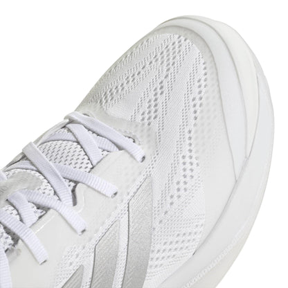 Close-up of the adidas ADIDAS Avacourt 3 Womens Tennis Shoes in white, featuring mesh and synthetic overlays for breathability and support, with white laces and textured fabric details—designed for women’s tennis courts.