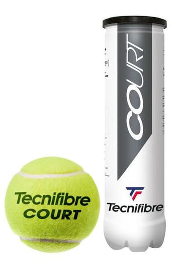 A vivid green tennis ball rests beside a cylindrical tube marked "Tecnifibre Court Tennis Balls - 4 Ball Tube." Known for their competition-grade quality and endurance, these Tecnifibre tennis balls deliver outstanding performance on the court.