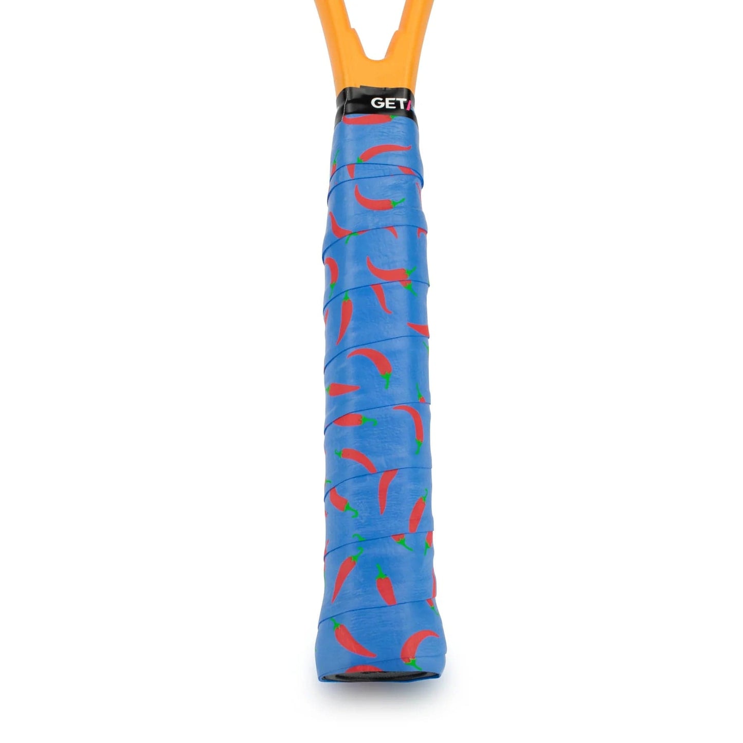 Close-up of a tennis racket handle wrapped in the Get A Grip Heatwave Tennis Overgrip - Blue, which features non-slip material and red chili pepper designs. The premium grip ensures a firm hold, with the frame accented by an orange top.