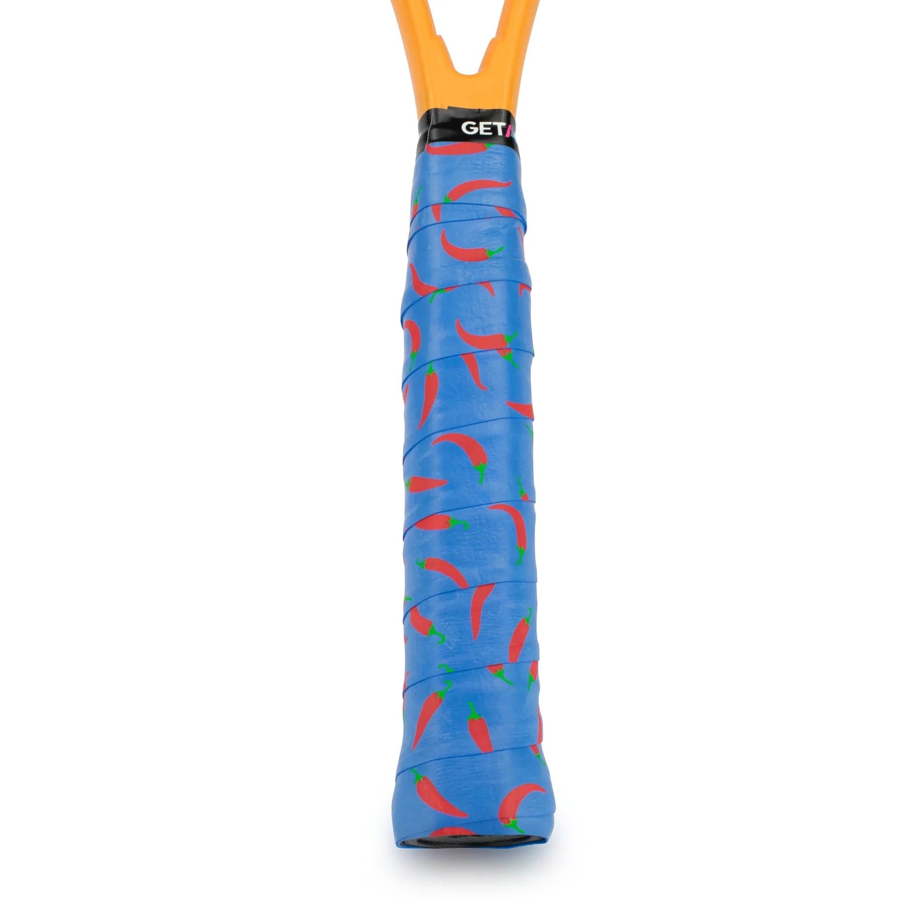 Close-up of a tennis racket handle wrapped in the Get A Grip Heatwave Tennis Overgrip - Blue, which features non-slip material and red chili pepper designs. The premium grip ensures a firm hold, with the frame accented by an orange top.