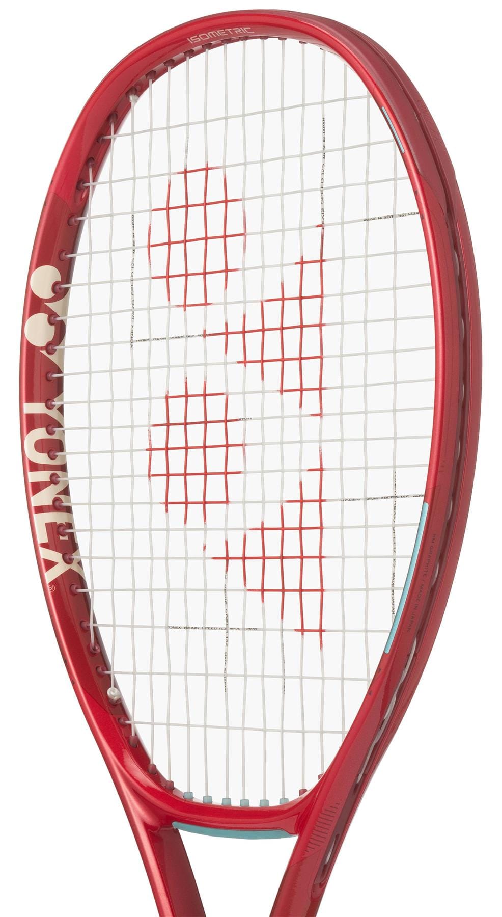A close-up of the Yonex VCORE 98 Ruby Red 2026 Tennis Racket highlights its white strings with a red Yonex logo pattern in the center, engineered by Yonex for maximum spin.