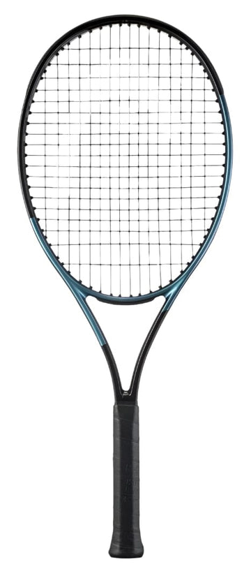 The HEAD Gravity Junior 2025 Tennis Racket by HEAD, featuring a black grip, dark frame, and tightly strung strings, is displayed upright against a white background.