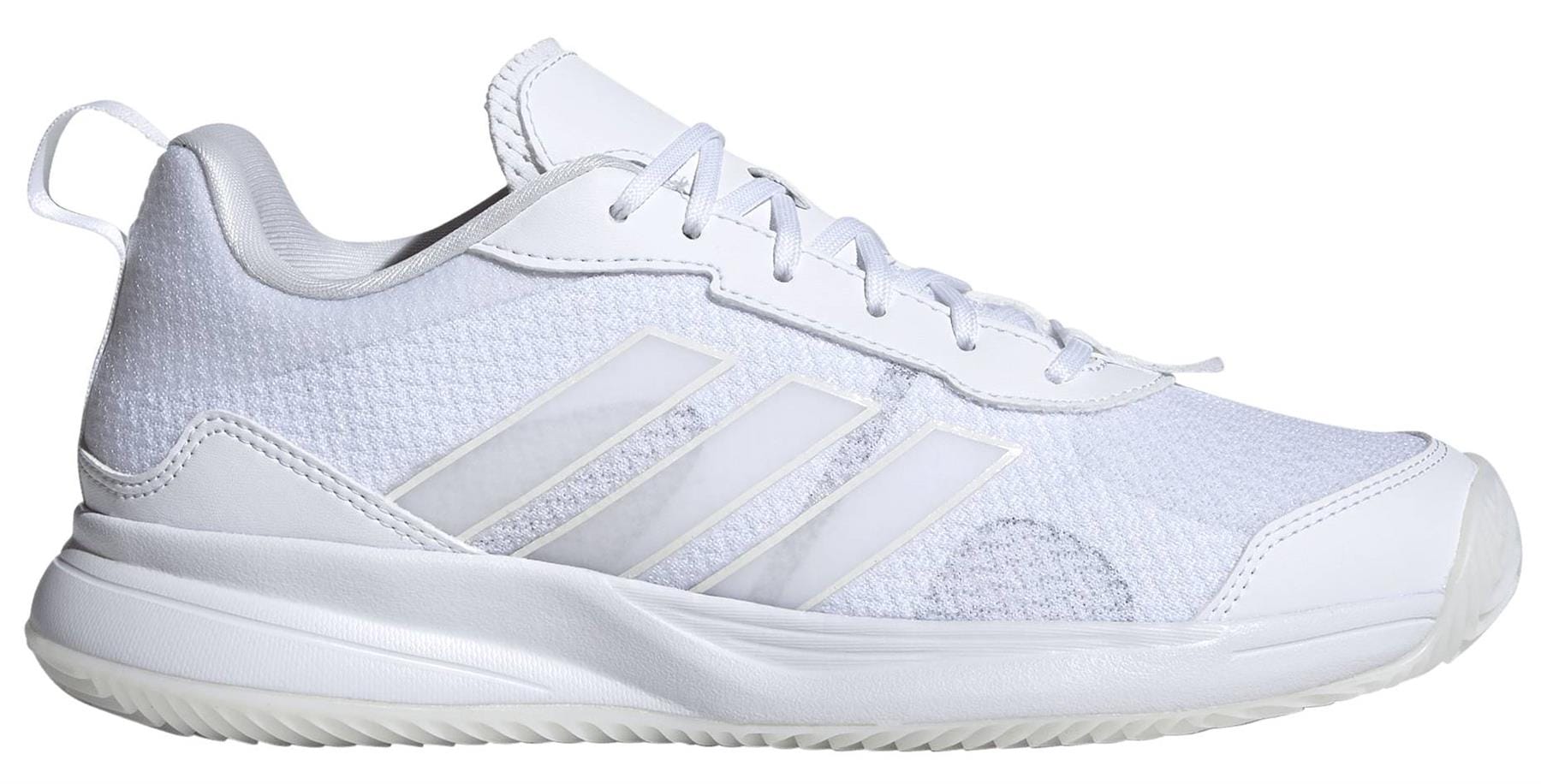 The adidas ADIDAS AvaFlash Womens Tennis Shoes in white feature a mesh upper, textured sole, and three diagonal stripes, shown in a left side profile view against a white background.