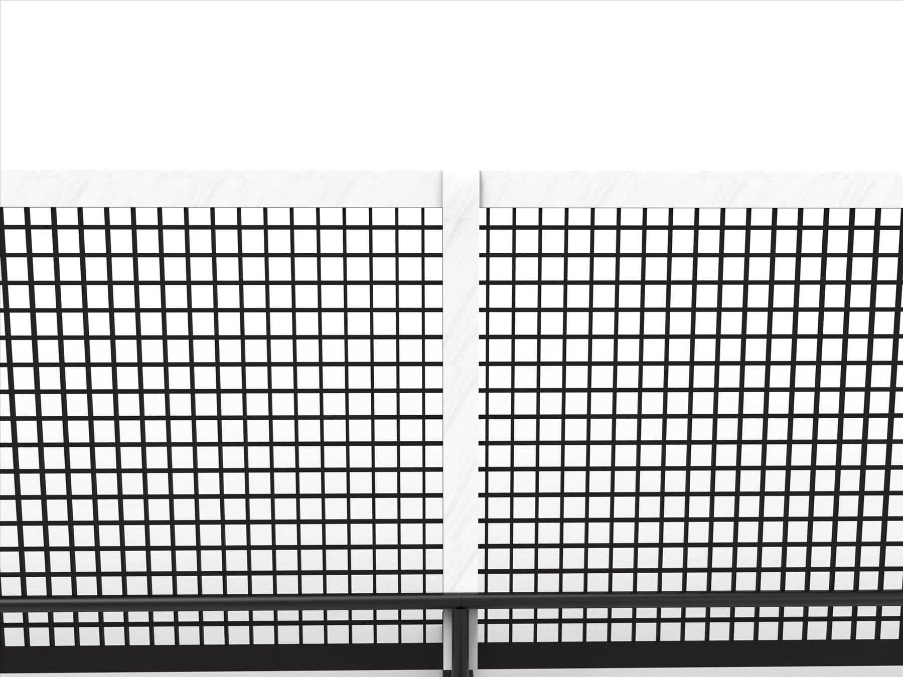 The Pickleball United Driveway 10 Junior Pickleball Net by Pickleball United features two white panels with a grid of black squares, divided by a vertical white strip and a bottom black bar, seen against a plain white background.