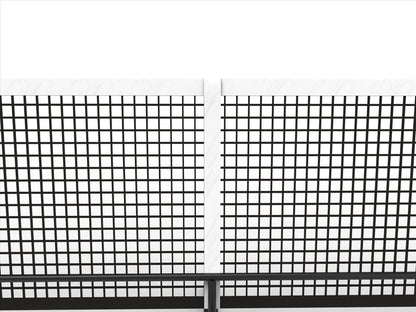 The Pickleball United Driveway 10 Junior Pickleball Net by Pickleball United features two white panels with a grid of black squares, divided by a vertical white strip and a bottom black bar, seen against a plain white background.