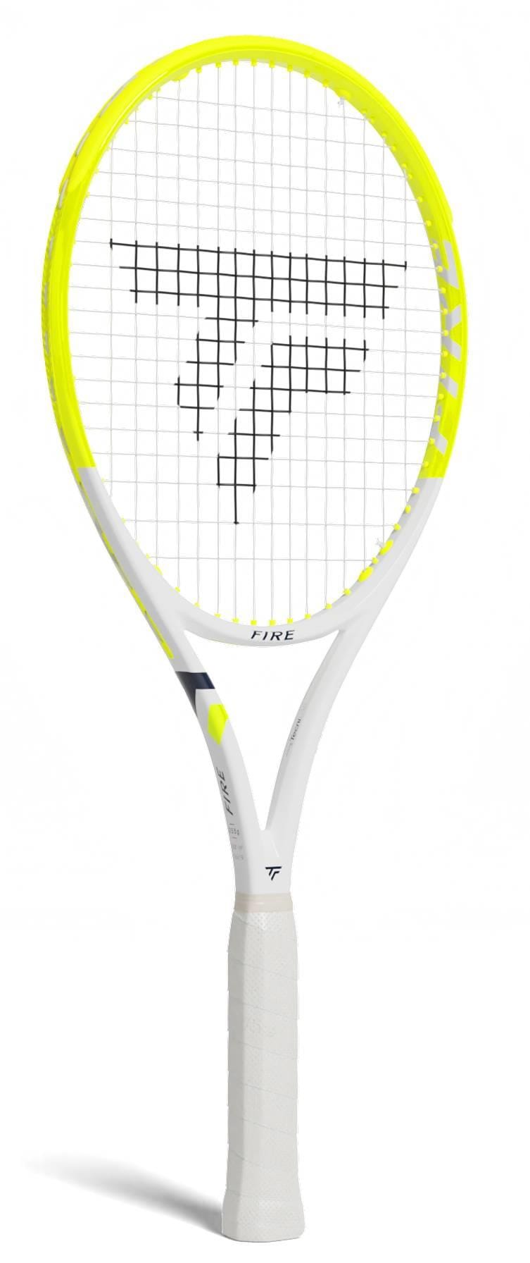 The Tecnifibre Fire 255 Tennis Racket features a white frame with bright yellow accents, "TF" logo on the strings, "TFIT" branding on the throat, and X-Damp vibration dampening tech for added comfort.