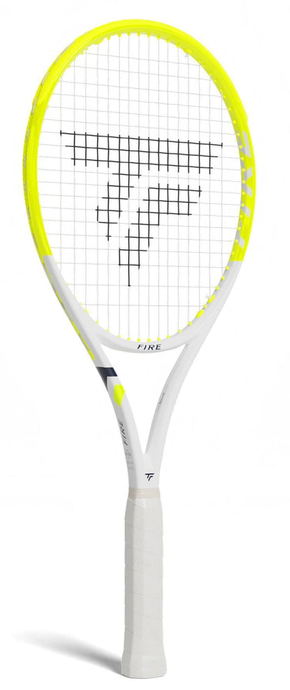 The Tecnifibre Fire 255 Tennis Racket features a white frame with bright yellow accents, "TF" logo on the strings, "TFIT" branding on the throat, and X-Damp vibration dampening tech for added comfort.
